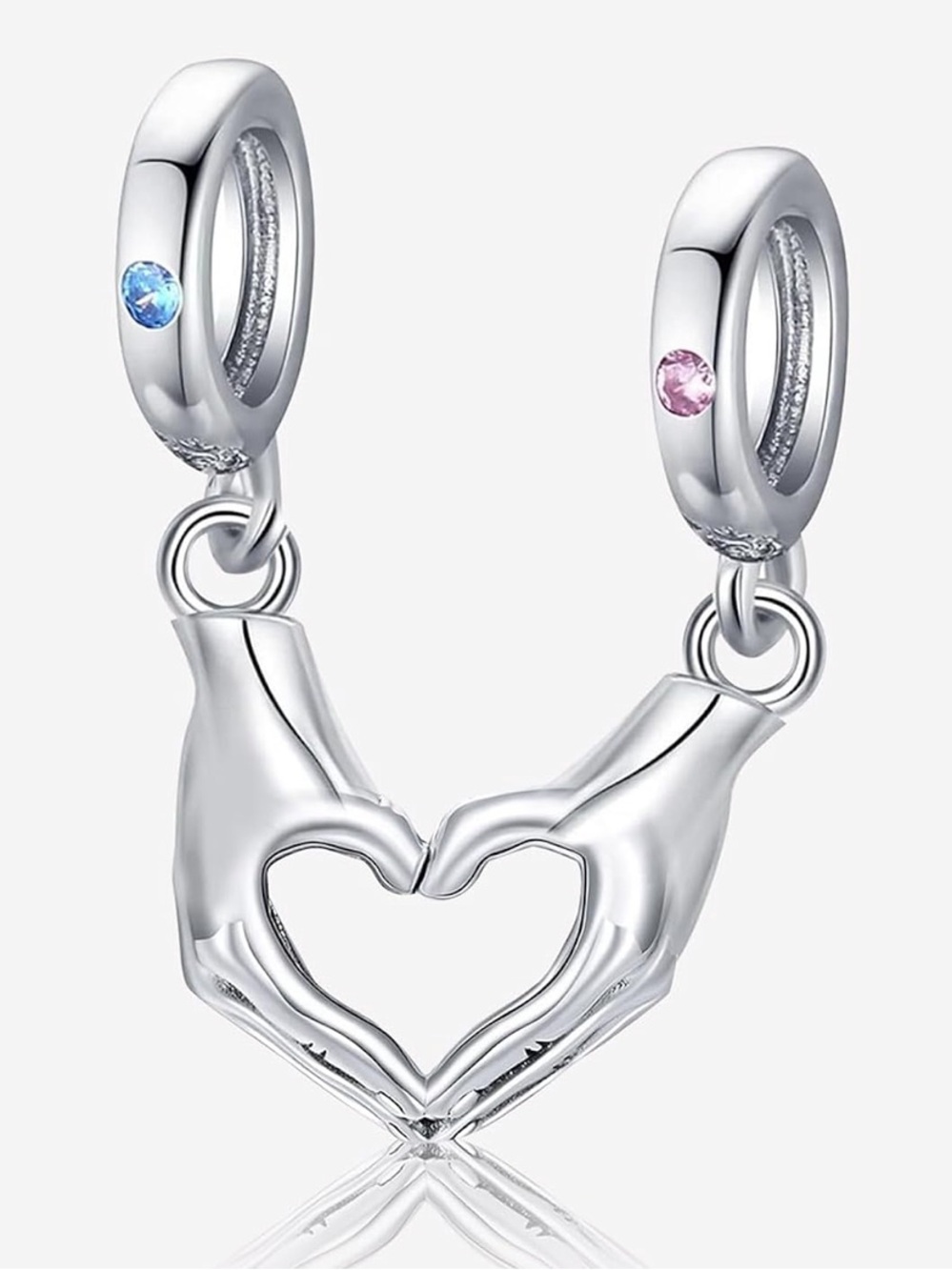 925 Two Hands Heart Charm Blue & Pink Stones